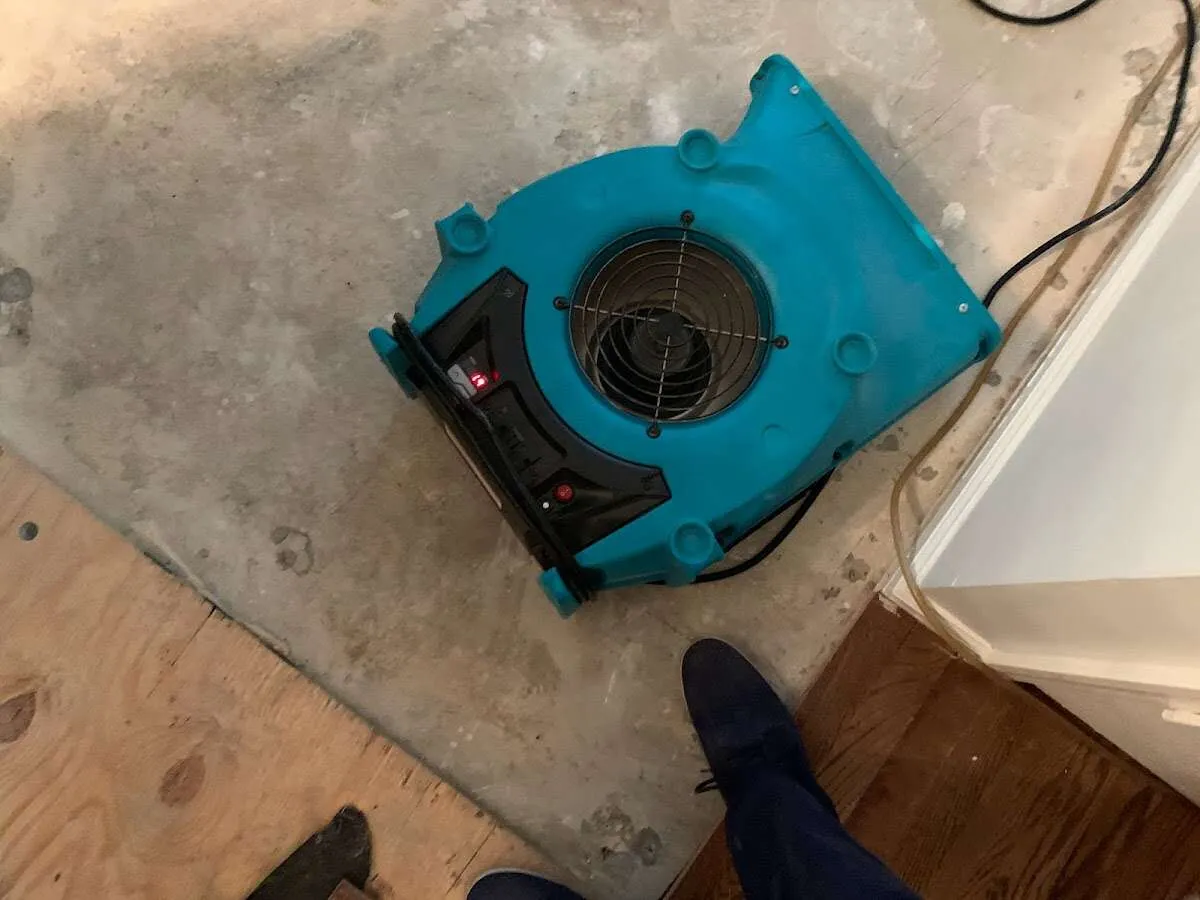 Air mover drying subfloor during Commercial Water Damage Restoration in Hamden